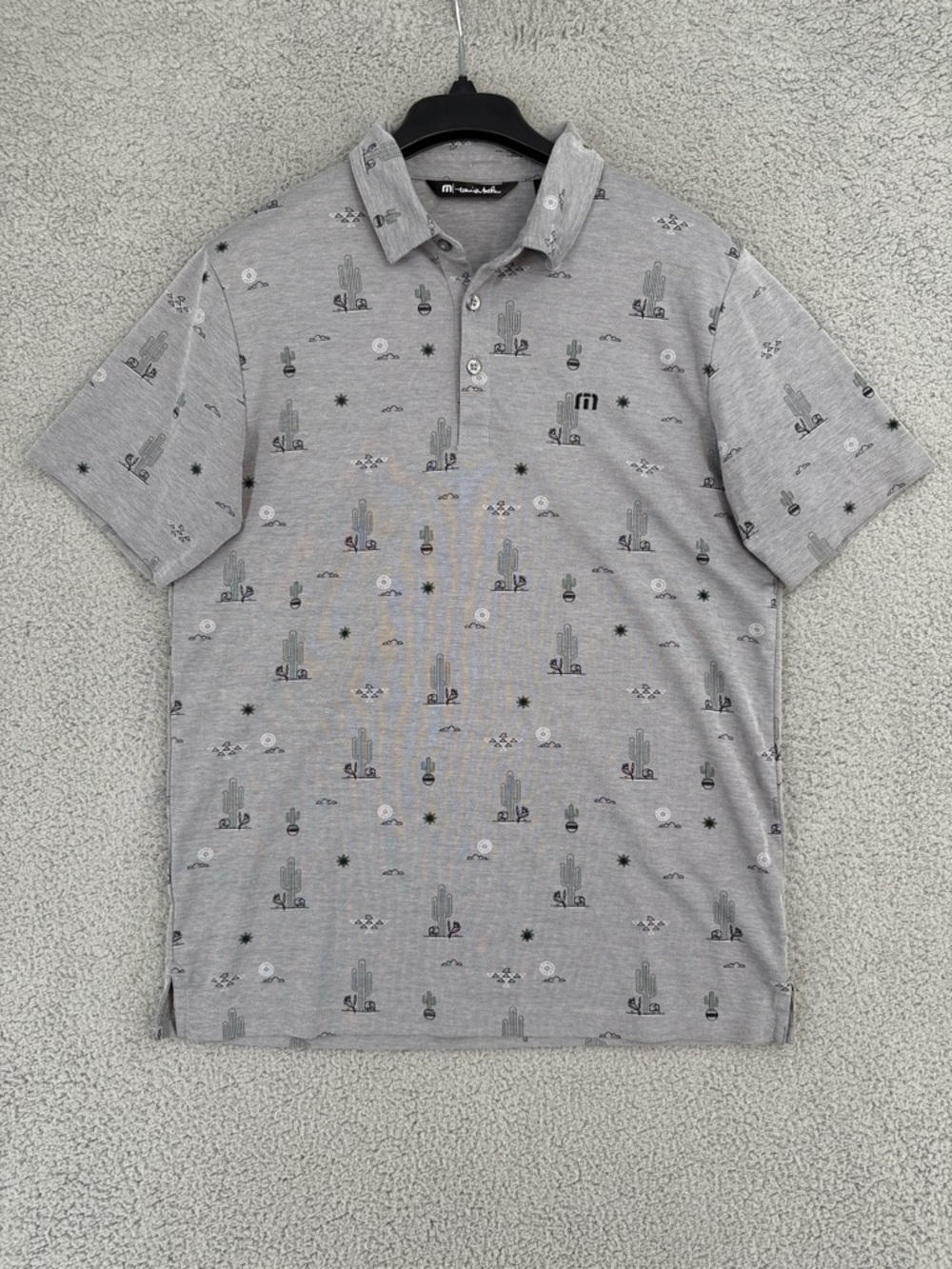 Travis Mathew MenS medium golf shirt Grey Cactus & skull AOP Print pullover polo